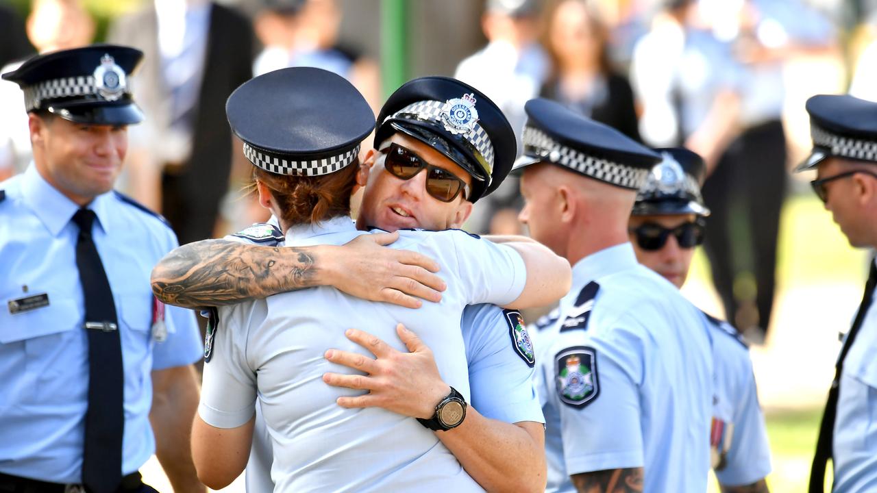 Constables McCrow and Arnold were remembered at a funeral service with full police honours at the Brisbane Entertainment Centre On Wednesday. Picture: John Gass