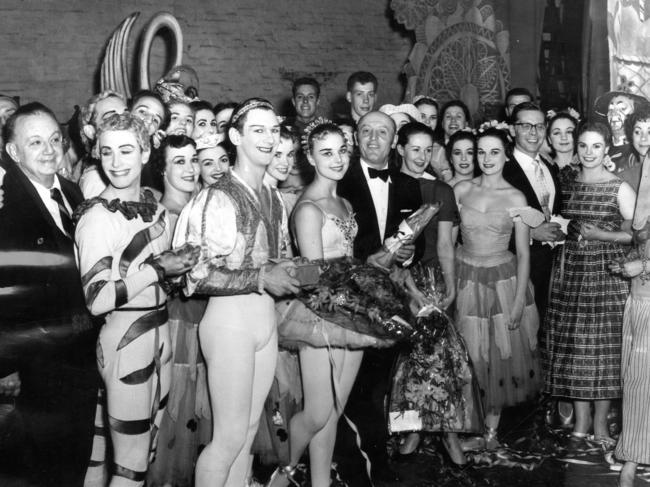 Edouard Borovansky, centre foreground, with members of the Borovansky Ballet Company at the Theatre Royal in Adelaide in 1958.