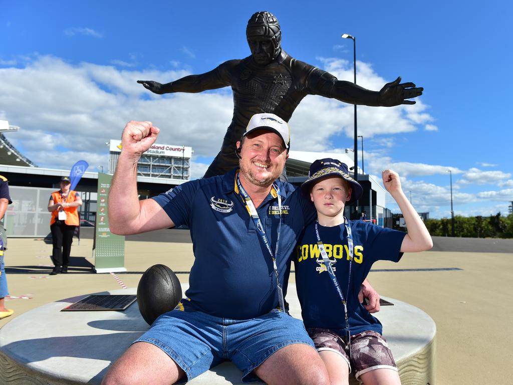 North Queensland Cowboys against Newcastle Knights at Queensland Country Bank Stadium. Social pics. Tim Doyle and riley, 11. Picture: Evan Morgan