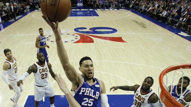 Philadelphia’s Ben Simmons (25) goes up for a shot against the Cleveland Cavaliers in Philadelphia.