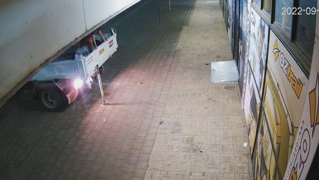 Rod &amp; Rifle Tackleworld CCTV shows a would-be truck thief stopped by security poles. Picture: Supplied.