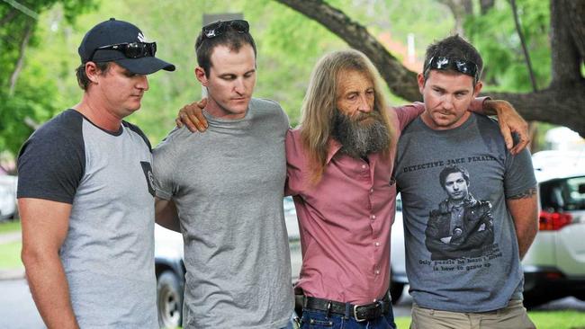 John Wallace Edwards (red shirt) with his sons Joshua, Zac and Eli when the family appealed to the community for information on Sharon Edwards&#39; disappearance in April 2015. . Picture: Leigh Jensen