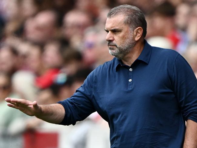 BRENTFORD, ENGLAND - AUGUST 13: Ange Postecoglou, Manager of Tottenham Hotspur, gestures during the Premier League match between Brentford FC and Tottenham Hotspur at Gtech Community Stadium on August 13, 2023 in Brentford, England. (Photo by Mike Hewitt/Getty Images)