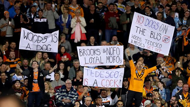 Tigers fans show off their feelings on the hill during NRL game between the Wests Tigers and Cronulla Sharks. Picture: Gregg Porteous