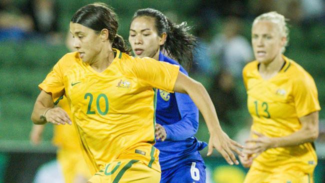 Sam Kerr for the Matildas during the International friendly match between the Australian Matildas and Thailand at NIB Stadium in Perth, Monday, March 26, 2018. (AAP Image/Tony McDonough) NO ARCHIVING, EDITORIAL USE ONLY