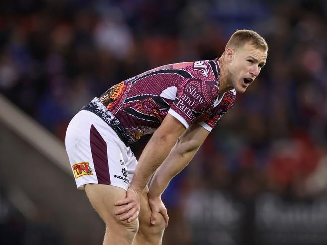 NEWCASTLE, AUSTRALIA - MAY 30: Daly Cherry-Evans of the Sea Eagles looks on during the round 12 NRL match between the Newcastle Knights and the Manly Sea Eagles at McDonald Jones Stadium, on May 30, 2021, in Newcastle, Australia. (Photo by Ashley Feder/Getty Images)