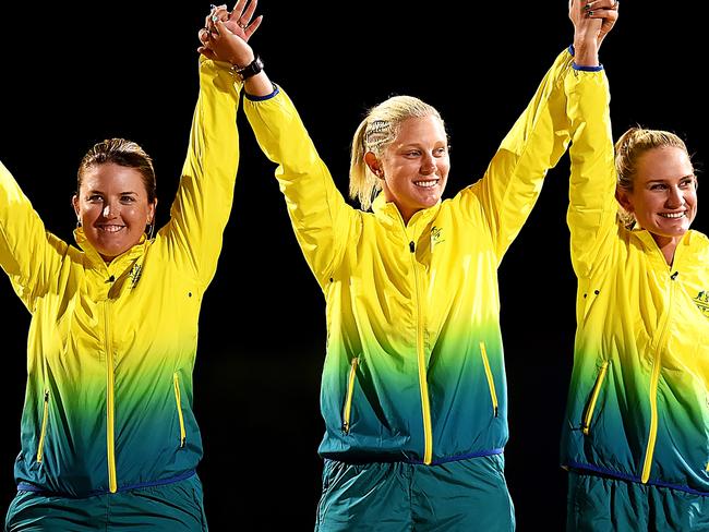 GOLD COAST, AUSTRALIA - APRIL 12:  The Australian Women's Triples Lawn Bowls team of Rebecca van Asch, Natasha Scott and Carla Krizanic pose after winning the Women's Triples gold medal match against Scotland during Lawn Bowls on day eight of the Gold Coast 2018 Commonwealth Games at Broadbeach Bowls Club on April 12, 2018 on the Gold Coast, Australia.  (Photo by Albert Perez/Getty Images)