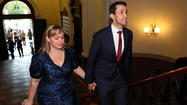 Premier David Crisafulli and wife Tegan during the opening of parliament.