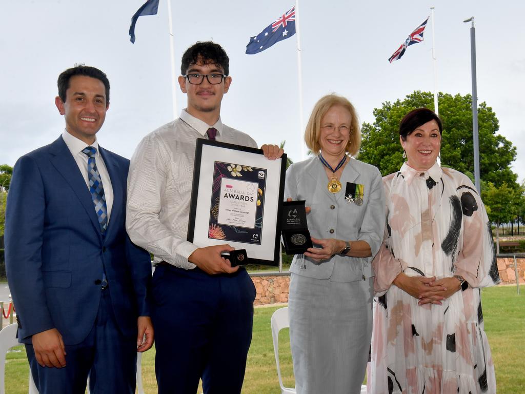 Australia Day at Jezzine Barracks, Townsville. Townsville City Council Australia Day Awards. Premier David Crisafulli, Young Citizen of the Year Ethan Cavanagh, Governor Jeanette Young and Deputy Mayor Ann-Maree Greaney. Picture: Evan Morgan