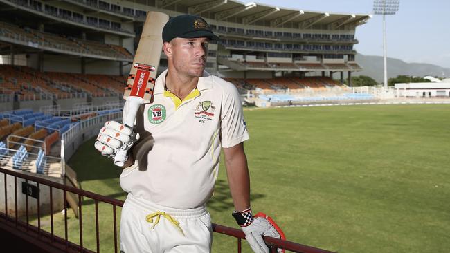 David Warner poses at the Kingston Cricket Club at Sabina Park.