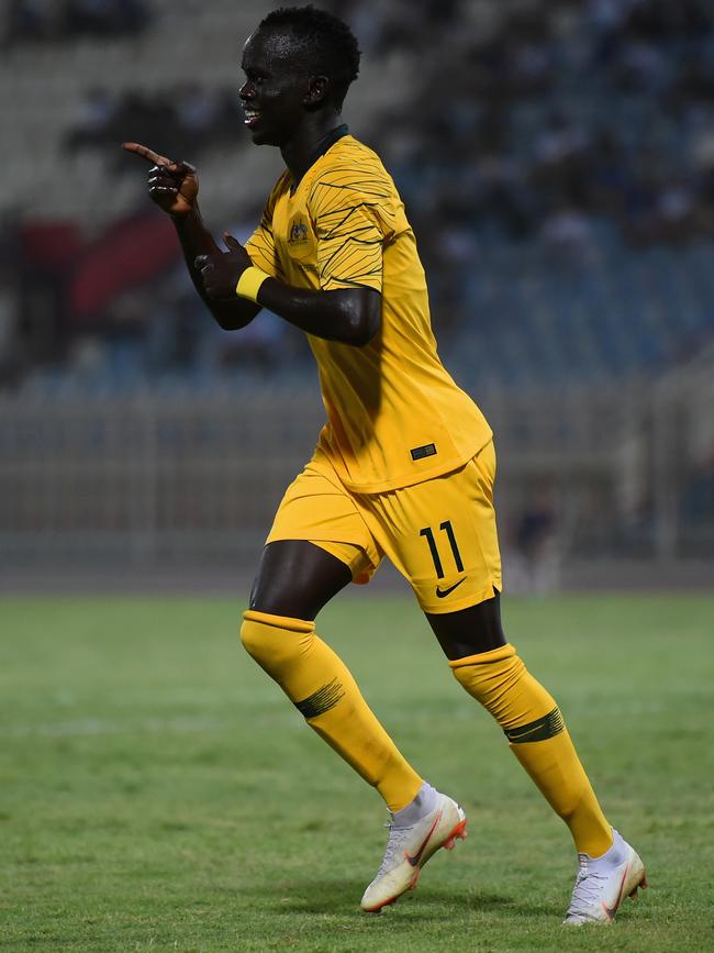 Mabil celebrates scoring against Kuwait in a friendly last year. Picture: Tom Dulat/Getty Images