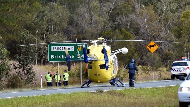 An incident on the Bruce Highway with helicopter landing to transport patient. Picture: Vicki Wood / Caboolture News