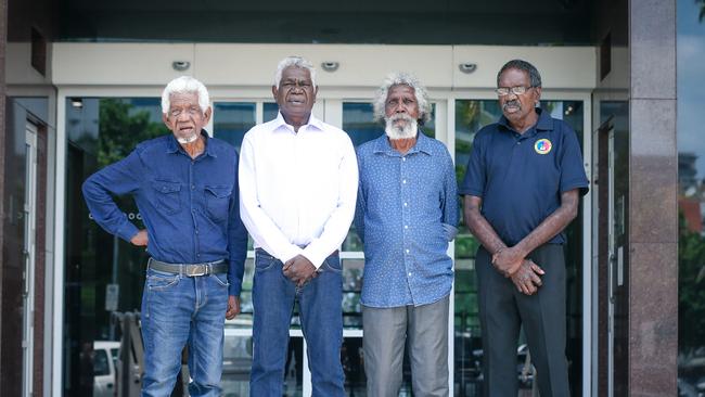 Dr Djiniyini Gondarra (Golumala), Djawa Yunupingu (Gumatj clan), Mawalan Marika (Rirratjingu clan) Yaltharr Mununggurr (Djapu clan) at the Northern Territory Supreme Court. Picture: Glenn Campbell