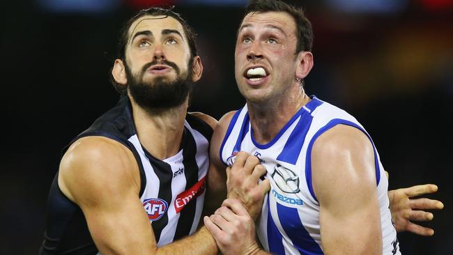 North Melbourne ruckman Todd Goldstein battles with Brodie Grundy.