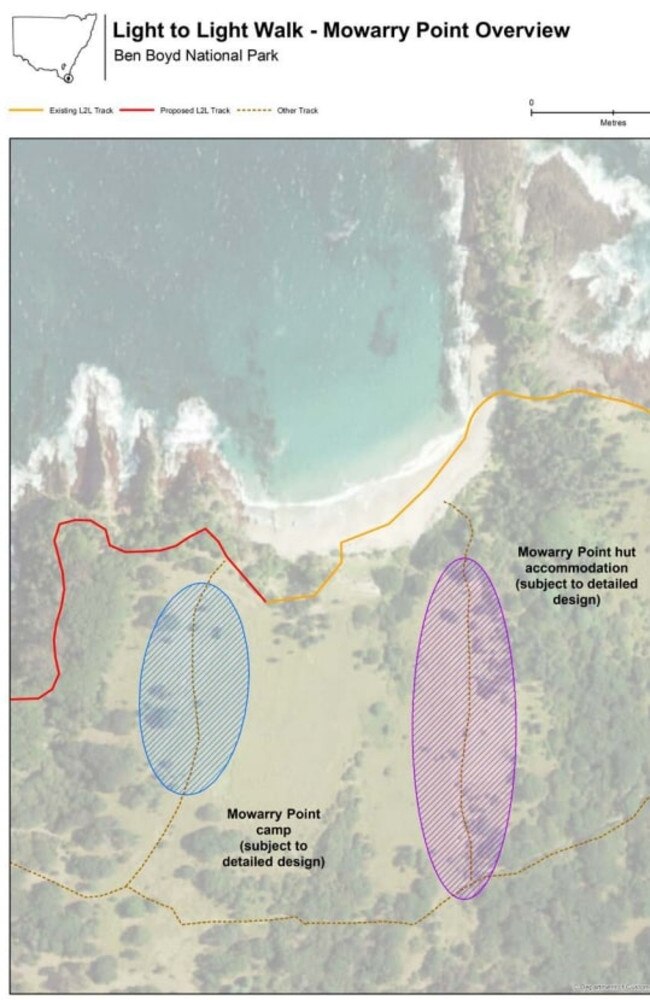 Plans for new huts and camping sites at Mowarry Point in the NSW National Parks and Wildlife Service's Light to Light Walk Strategy.