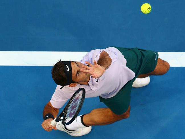 PERTH, AUSTRALIA - DECEMBER 30:  Roger Federer of Switzerland serves in his 2018 Hopman Cup match against Yuichi Sugita of Japan at Perth Arena on December 30, 2017 in Perth, Australia.  (Photo by Paul Kane/Getty Images) ***BESTPIX***