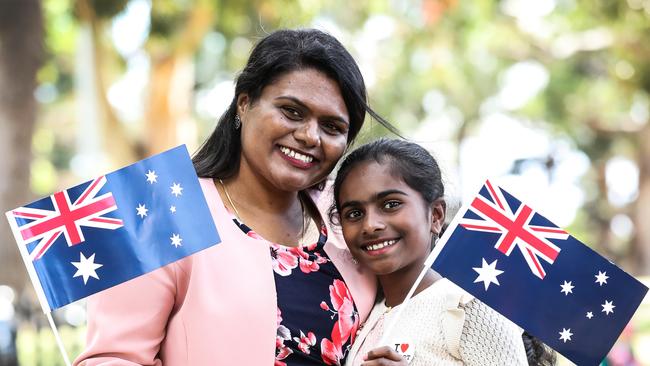 Australia Day is a celebration of multiculturalism, a day for welcoming new Australian citizens like Vijayalakshmi Balakrishnan and her daughter Keshikha Kesavanarayanan. Picture: Zak Simmonds