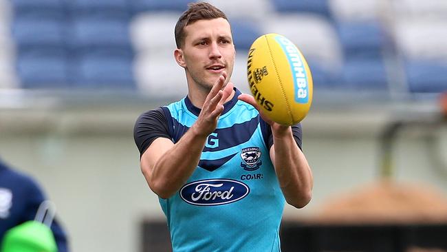 Sam Menegola in action during Geelong Cats training. Picture: Hamish Blair