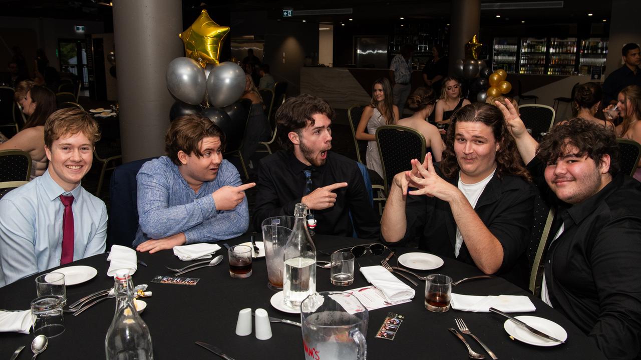 Patrick Bohlsen, Jaeson Burns, Zachary George, Jack Fox and Beau Andersson at the Taminmin College Year 12 School formal at Darwin Turf Club, 2024. Picture: Pema Tamang Pakhrin