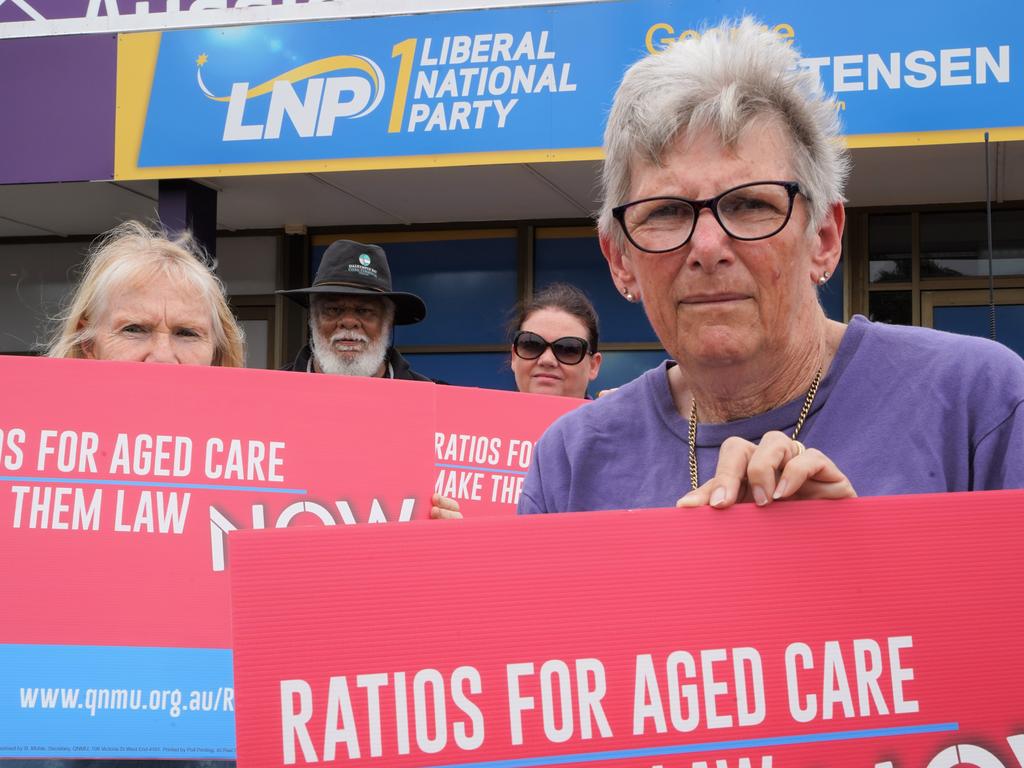 Queensland Nursing and Midwives' Union (QNMU) organiser Auriel Robinson (front) with (from back left): Mackay Harbour resident Ruth Leahy, North Mackay resident Russell Bellear and Andergrove resident Mardi Roscher, protesting outside Dawson MP George Christensen's office about improving conditions at private aged care facilities. March 1, 2021. Picture: Heidi Petith