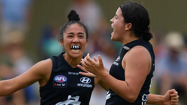 Madison Prespakis and Darcy Vescio celebrates a goal in the AFLW match between Carlton and Adelaide. Picture: Getty Images