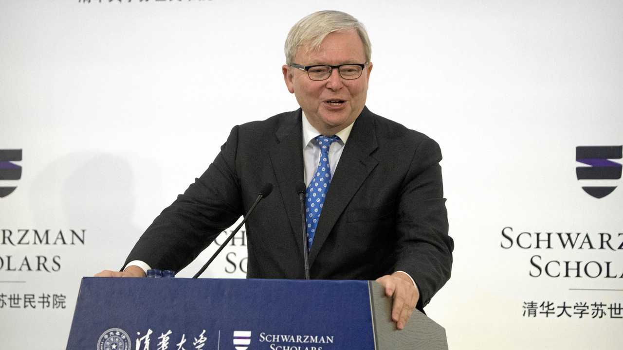 Former Australian Prime Minister Kevin Rudd speaks during a ceremony to officially open the Schwarzman Scholars program at Tsinghua University in Beijing, Saturday, Sept. 10, 2016. A new scholarship program intended to rival the prestigious Rhodes Scholarships and build understanding between China and the world opened its doors at Beijing's prestigious Tsinghua University on Saturday. Picture: Mark Schiefelbein