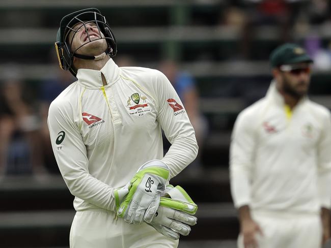 Australian captain Tim Paine grimaces after being hit on his right thumb. Picture: AP