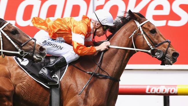 Who Shot Thebarman, ridden by Blake Shinn, wins Race 6 on Cox Plate Day at Moonee Valley. Picture: Michael Dodge