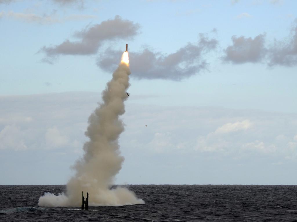 The Royal Navy Attack submarine HMS Astute fires a Tomahawk cruise missile during a testing mission. The 5.5-metre-long cruise missile weighs 1,300kg and has a range of more than 1600km. Picture: Royal Navy