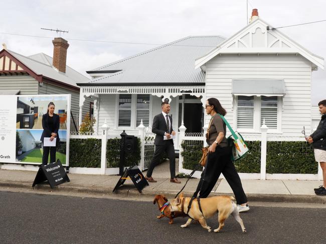 McGrath auctioneer David Cortous calls for bids as a dog walker passes along Albert St. 29 Albert St, Geelong West.