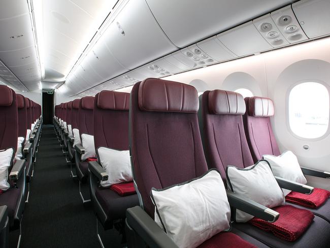 Inside the economy cabin on the Dreamliner. Picture: AAP/Qantas, Brent Winstone