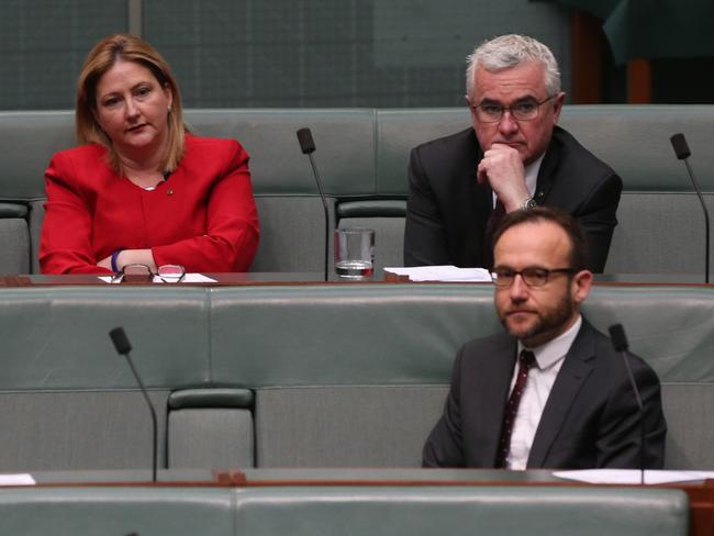 Cross benchers Cathy McGowan, Rebekha Sharkie, Andrew Wilkie, Bob Katter and Greens MP Adam Bandt in the House of Representatives Chamber at Parliament House in Canberra. Picture Kym Smith