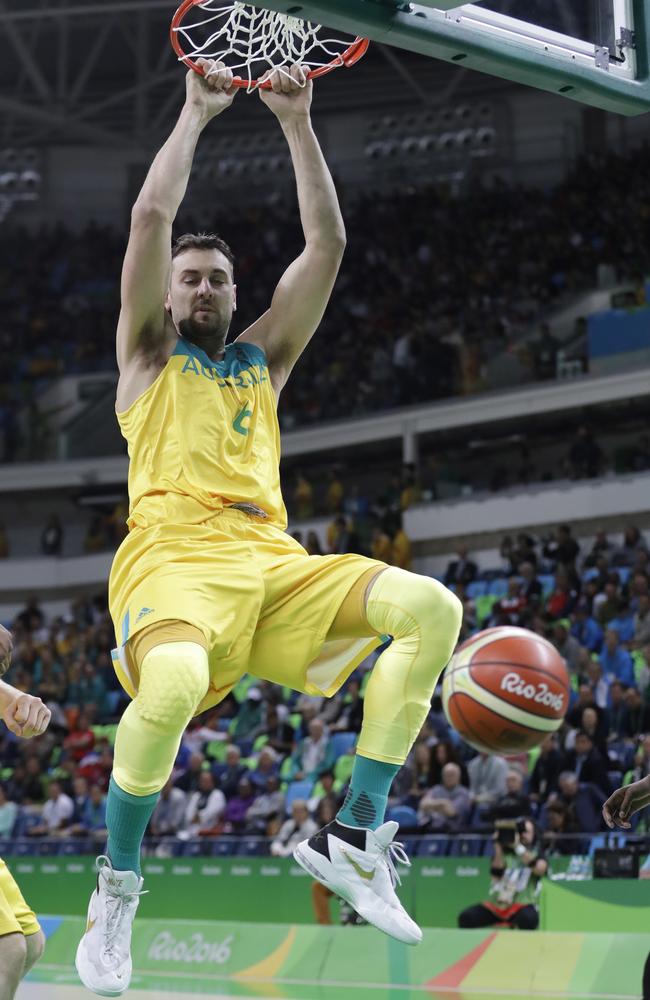 Andrew Bogut dunks on Team USA.