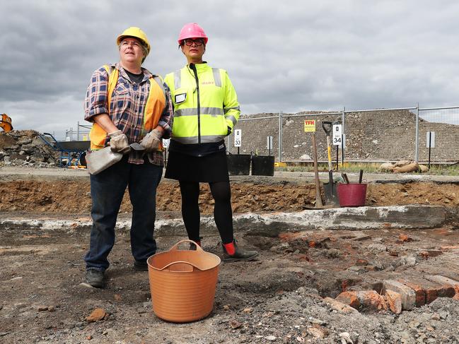 Professor Eleanor Casella and Macquarie Point Development Corporation CEO Mary Massina at the site of the archaeological dig at Macquarie Point. Picture: Nikki Davis-Jones