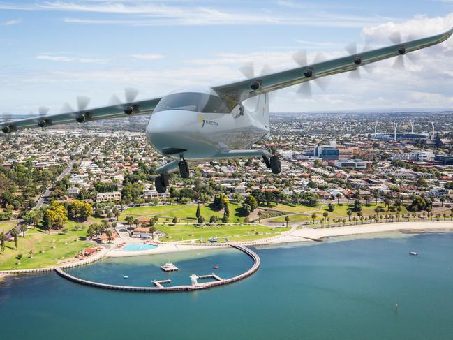 Render of an Electra Aero vehicle flying over Geelong.