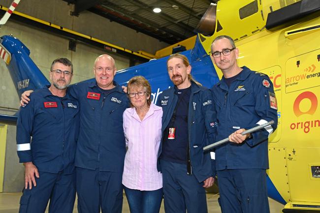 Margaret Woolley was impaled by steel rods that fell off a truck on the highway. Margaret returned to Lifeflight to meet the team who saved her life. From left; Scott Nichols, Murray Gladwin, Dr Jacob Crosdale, Simon Cadzow.  July 2019