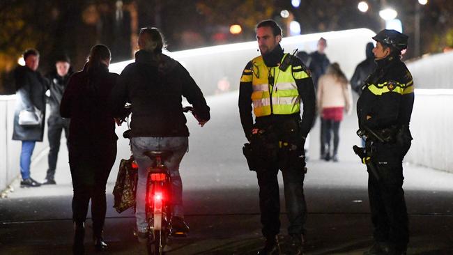 Police patrol Zwolle, The Netherlands, where an emergency order has been issued after three nights of unrest over Covid-19 measures. Picture: AFP