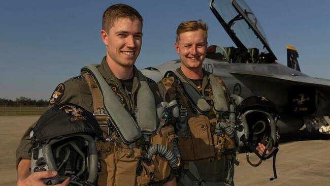 Aviators from 1 Squadron, Flight Lieutenants Nick and Slade, conducted the flypast in the F/A-18F Super Hornet for Riverfire. Picture: Supplied / Corporal Brett Sherriff