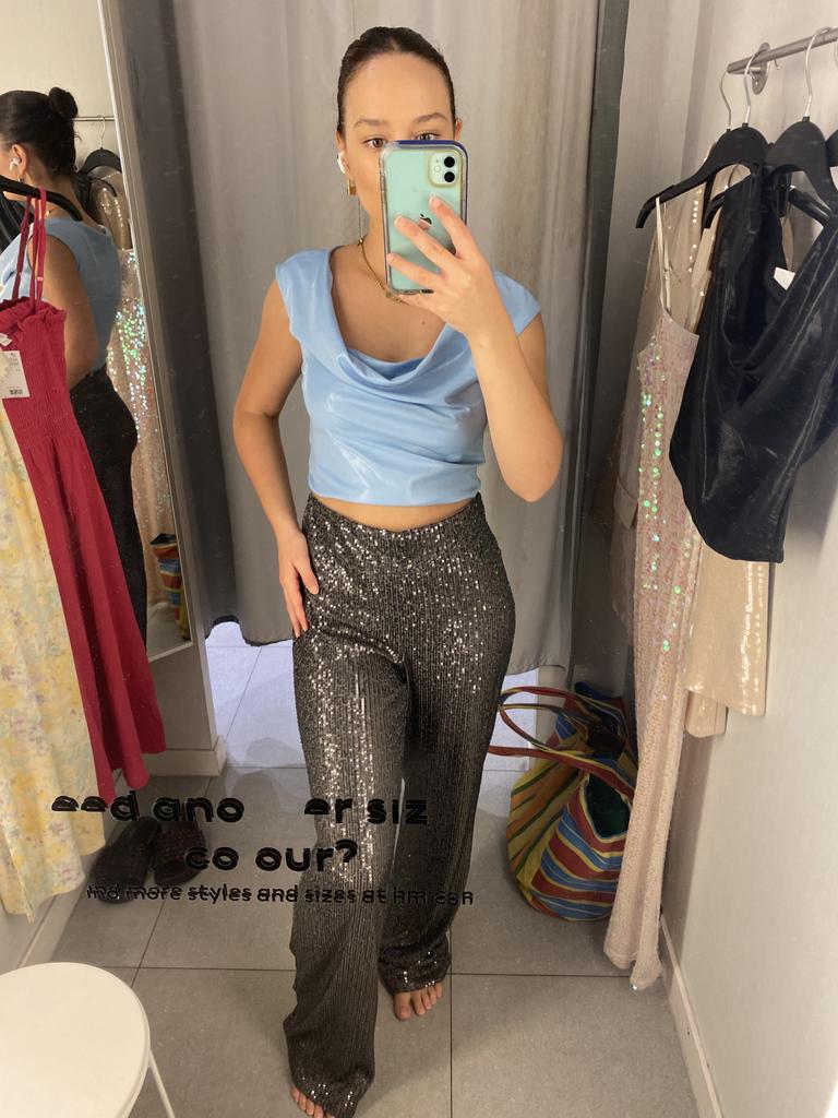 A pair of sequined pants and a wet look blue shimmer top. Picture: NCA NewsWire