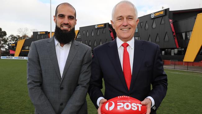 Bachar Houli with Prime Minister Malcolm Turnbull to announce a $625,000 investment into the Bachar Houli Academy. Picture: Michael Klein