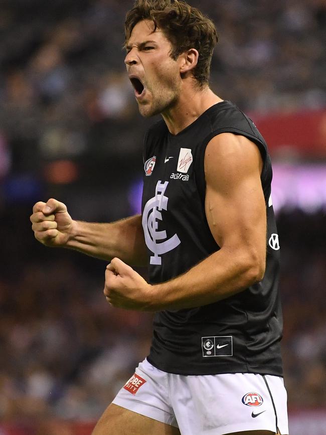 Levi Casboult celebrates his last-quarter goal in Carlton’s breakthrough win over Western Bulldogs. Picture: Julian Smith. 