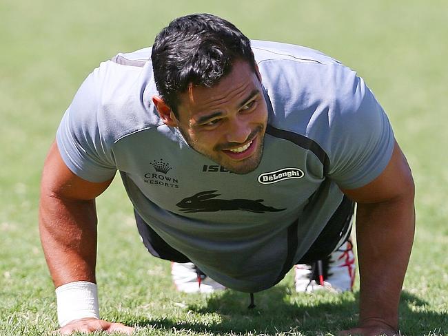 Ben Te'o does a push up during a South Sydney NRL training session.