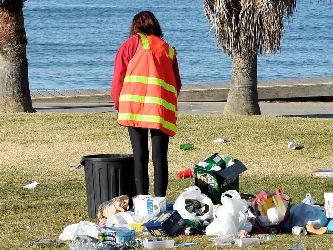 Rubbish left by Christmas Day revellers at St. Kilda foreshore. Picture: Nicole Garmston