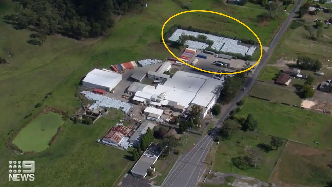 A massive stockpile of plastics has been found at a facility in Marsden Park, northwest Sydney. Picture: Nine News.