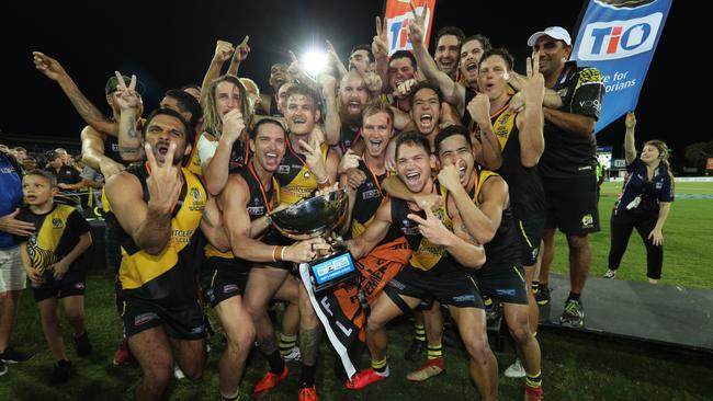 The Nightcliff Tigers celebrated their first back-to-back premiership at the 2019/20 NTFL Grand Final. Picture: Glenn Campbell