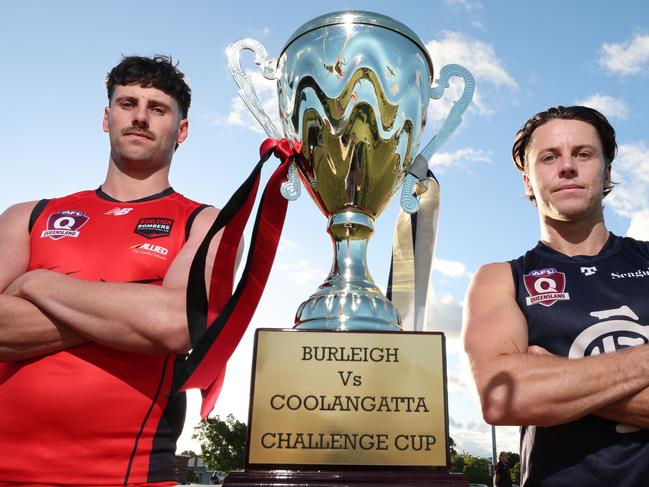 Burleigh Bombers captain Paddy Turner  and Coolangatta Blues captain Ned Lanyon ready to play off for the Paul Fowles Cup at Burleigh Bombers Football Club. Picture Glenn Hampson