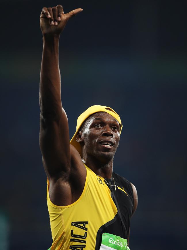Usain Bolt of Jamaica celebrates winning the Gold medal over USA's Justin Gatlin in the Men's 100m Final during Day 9 of the Rio 2016 Olympic Games. Picture. Brett Costello