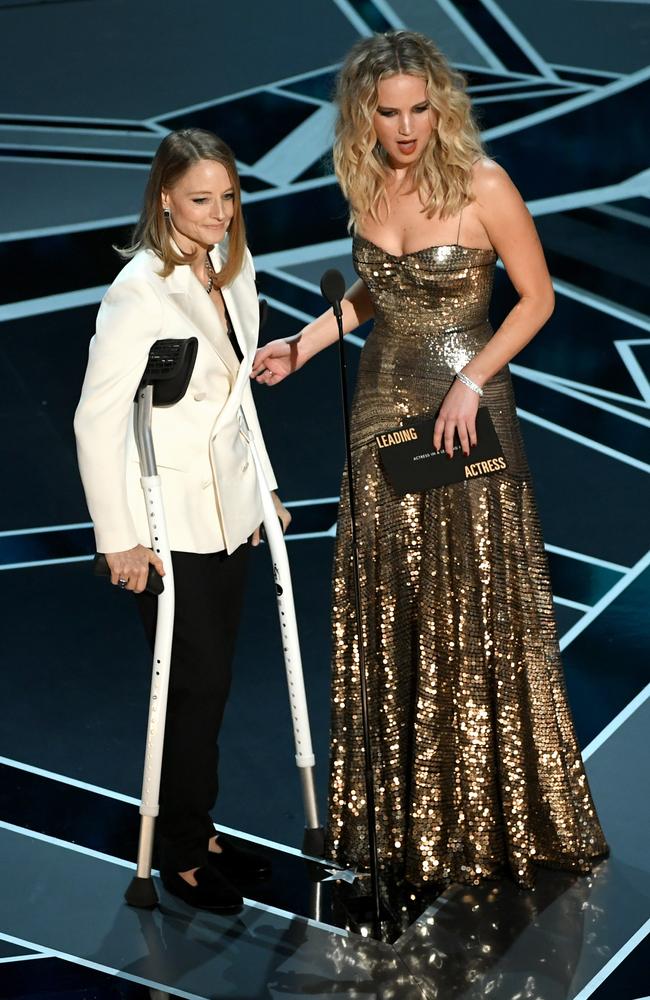 Jodie Foster and Jennifer Lawrence speak onstage during the 90th Annual Academy Awards at the Dolby Theatre on March 4, 2018 in Hollywood, California. Picture: Getty