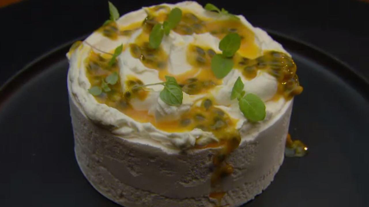 Purchese’s unassuming meringue topped with cream and passionfruit was much more than meets the eye. Picture: Channel 10