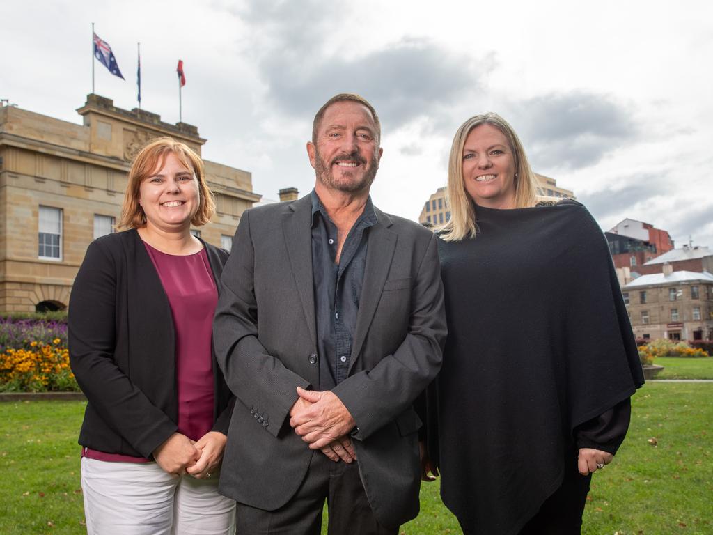 Newly elected members of Tasmanian Parliament, Member for Braddon Miriam Beswick, Member for Lyons Andrew Jenner, and Member for Bass, Rebekah Pentland of the Jacqui Lambie Network. Picture: Linda Higginson